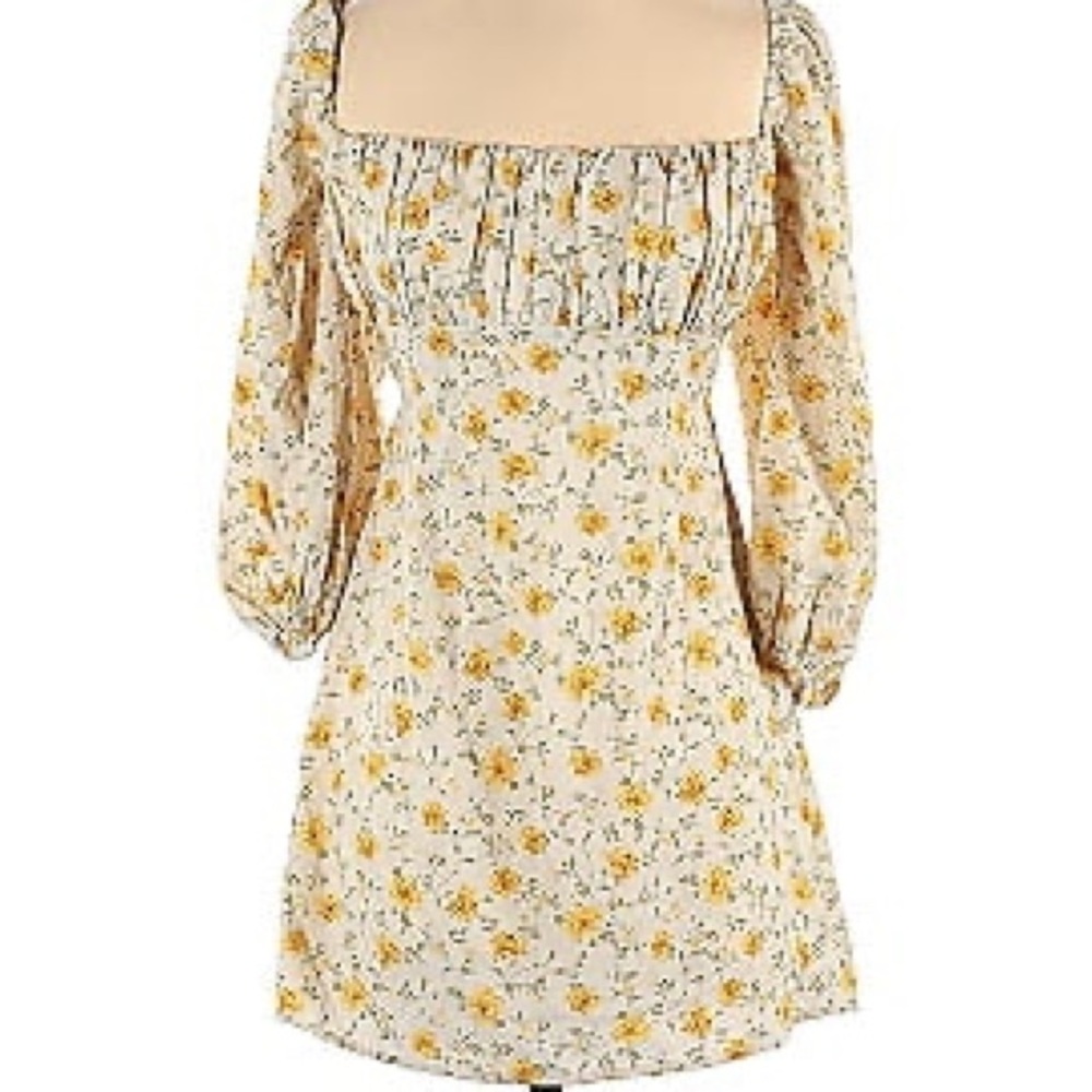 Yellow, floral, off the shoulder, open back dress